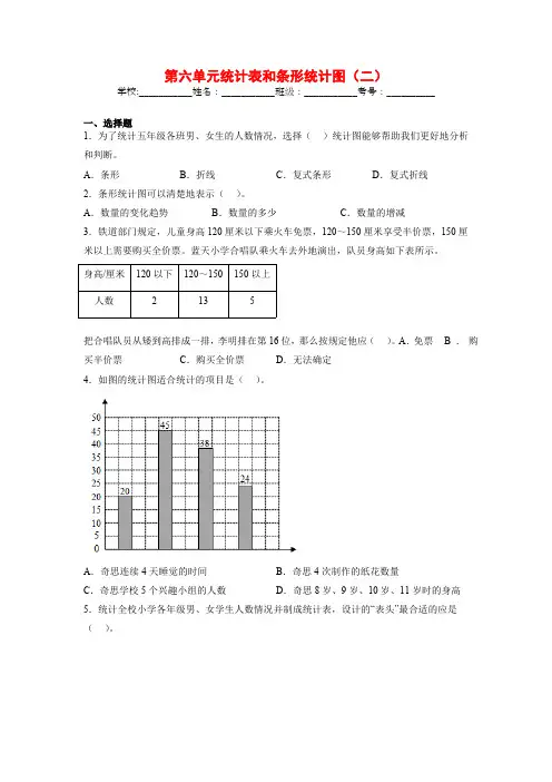 苏教版小学数学五年级数学上册第六单元《统计表和条形统计图(二)》单元测试卷(含答案)