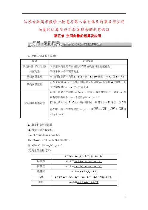 江苏专版高考数学一轮复习第八章立体几何第五节空间向量的运算及应用教案理含解析苏教版