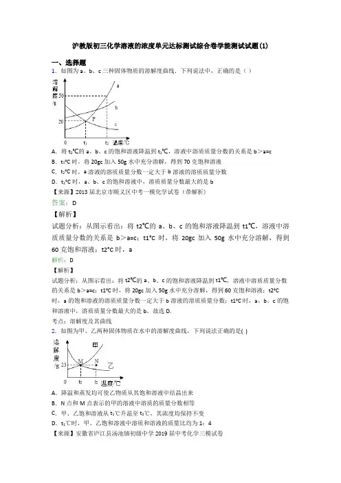 沪教版初三化学溶液的浓度单元达标测试综合卷学能测试试题(1)
