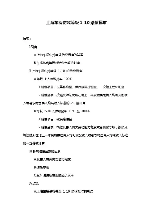 上海车祸伤残等级1-10赔偿标准