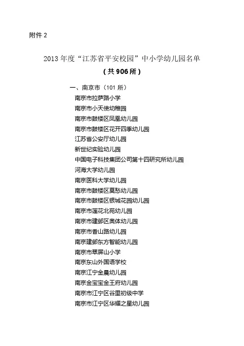2013年度“江苏省平安校园”中小学幼儿园名单