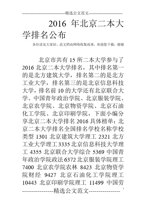 2016年北京二本大学排名公布 