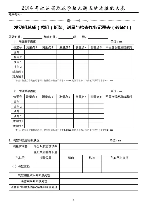 2014年发动机总成(秃机)拆装、测量与检查作业记录表(教师组)ok