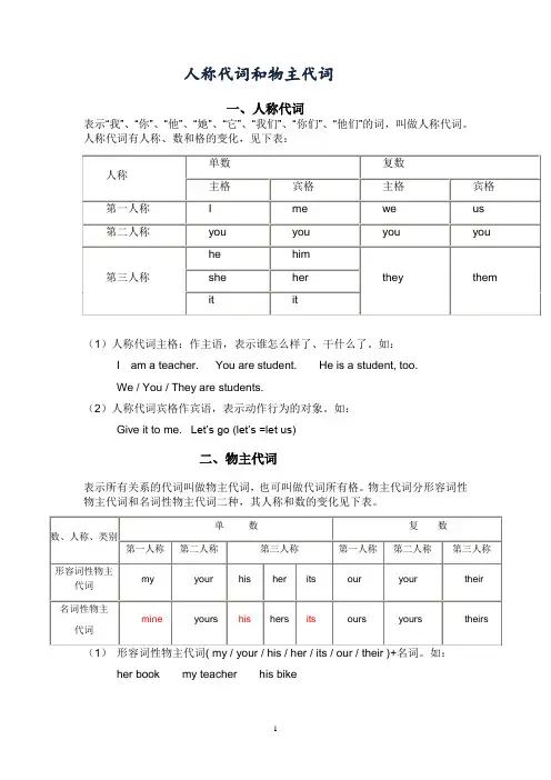 人教版初中英语人称代词和物主代词的表格与练习题