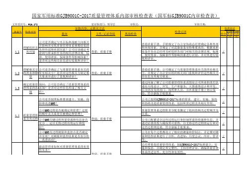 国家军用标准GJB9001C-2019质量管理体系内部审核检查表(国军标GJB9001C内审检查表)