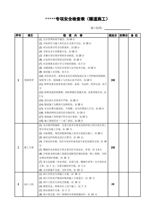 隧道专项安全检查表