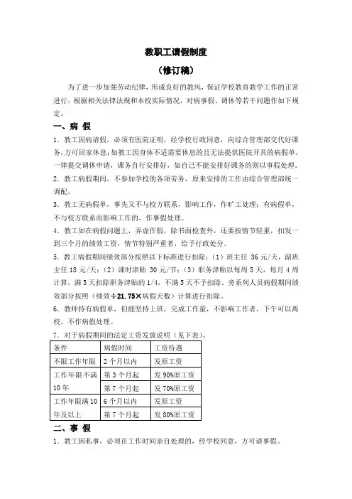 民办小学 教职工请假制度(修订稿)模版