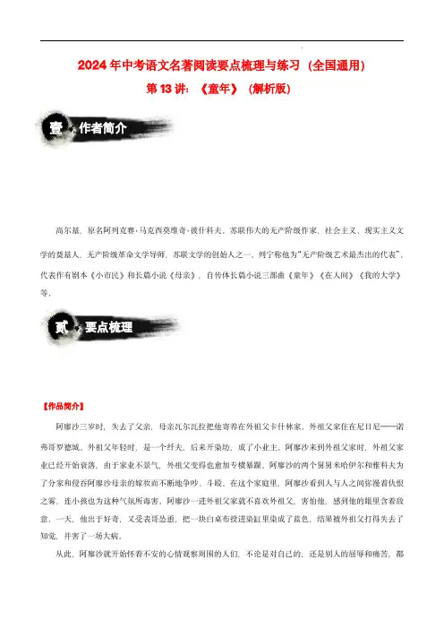 第13讲：《童年》-2024年中考语文名著阅读要点梳理与练习(全国通用)解析版