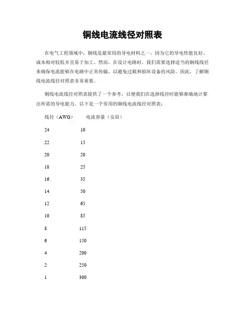 铜线电流线径对照表