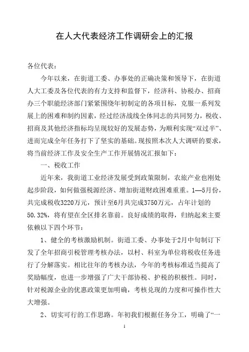 在人大代表经济工作调研会上的汇报