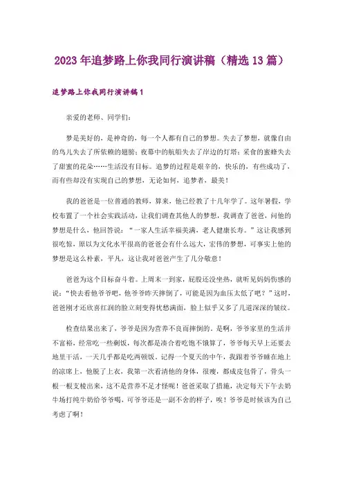 2023年追梦路上你我同行演讲稿(精选13篇)