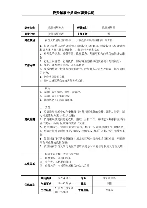 投资拓展部专员-岗位职责说明书