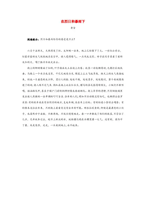 张家口市一小六年级语文上册 第四单元 13《林海》拓展阅读 在烈日和暴雨下(老舍) 北京版六年级语