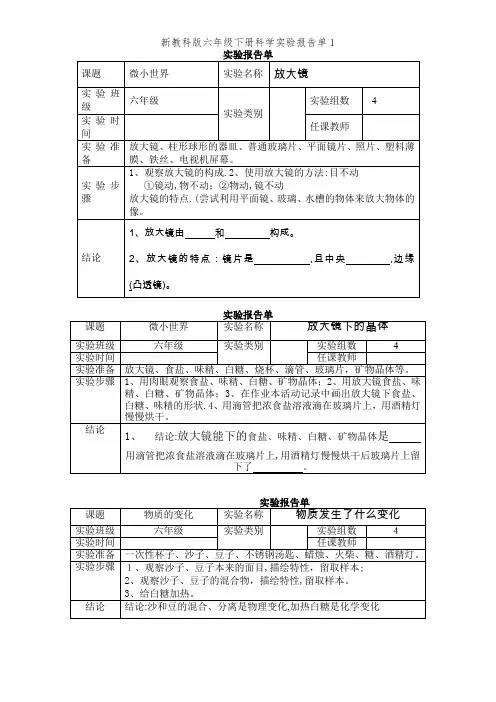 新教科版六年级下册科学实验报告单1
