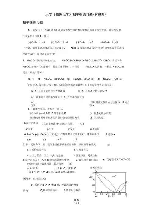 大学《物理化学》相平衡练习题(有答案)