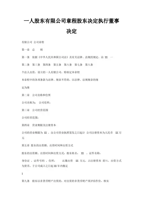 一人股东有限公司章程股东决定执行董事决定