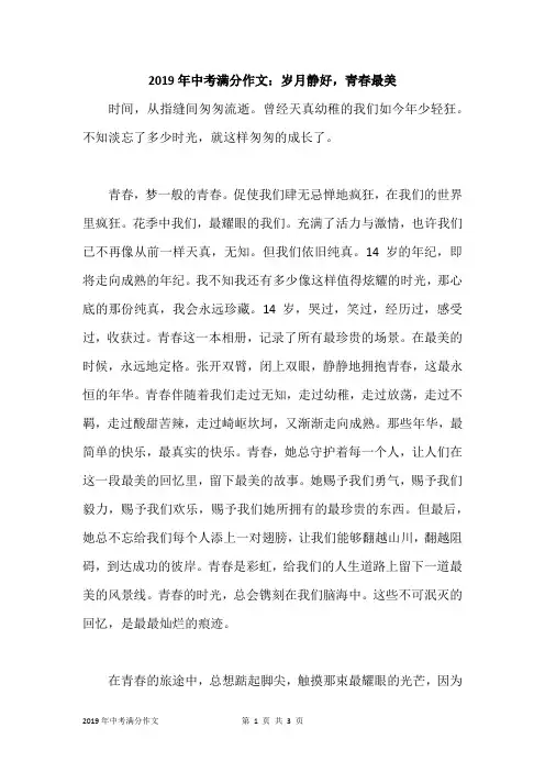 2019年中考满分作文：岁月静好,青春最美