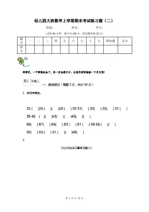 幼儿园大班数学上学期期末考试练习题(二)