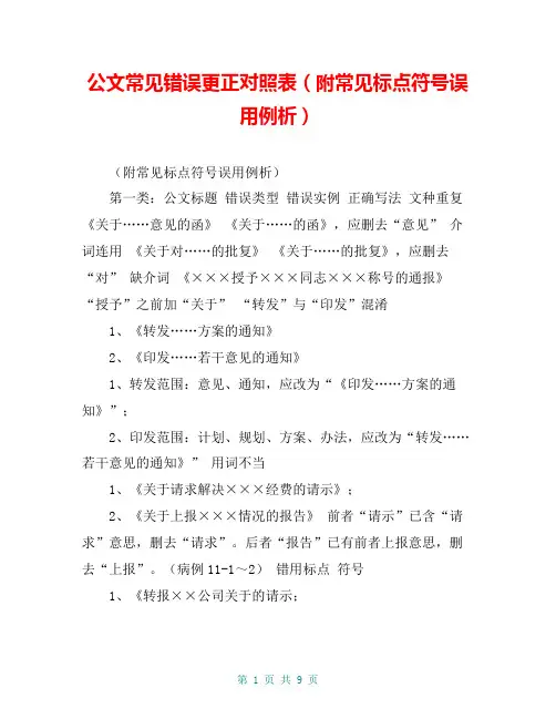 公文常见错误更正对照表(附常见标点符号误用例析)