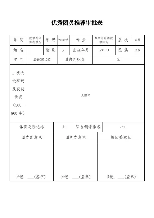 优秀团员推荐审批表5