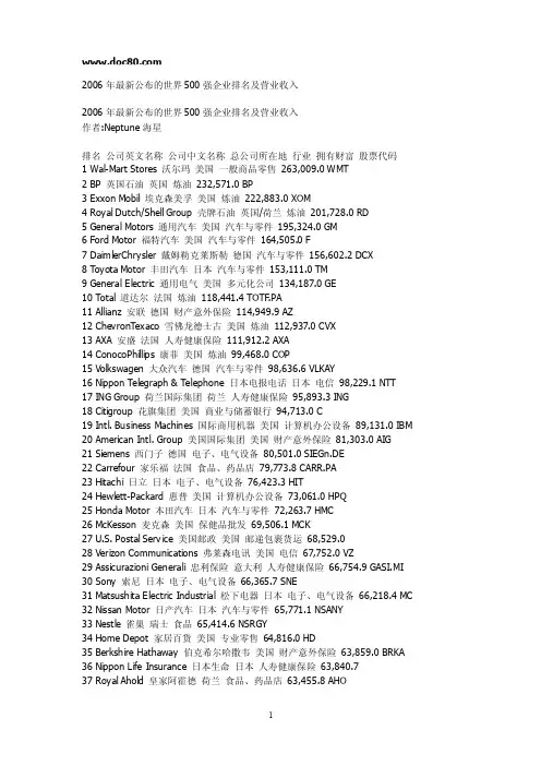 2006年最新公布的世界500强企业排名及营业收入