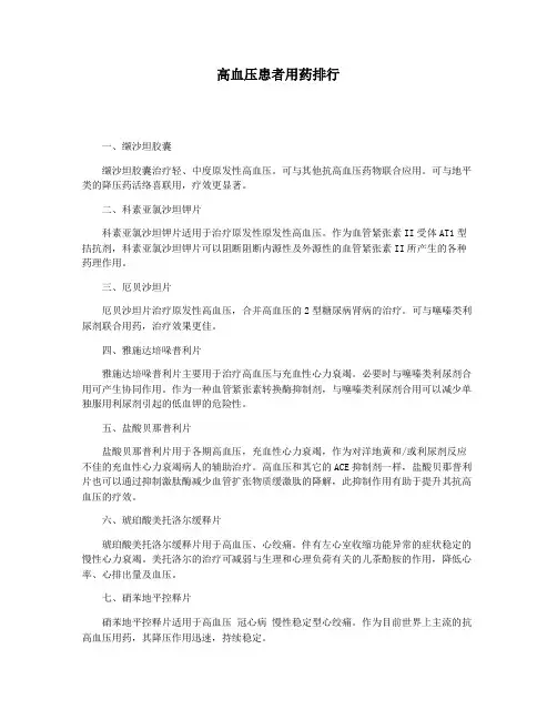 高血压患者用药排行