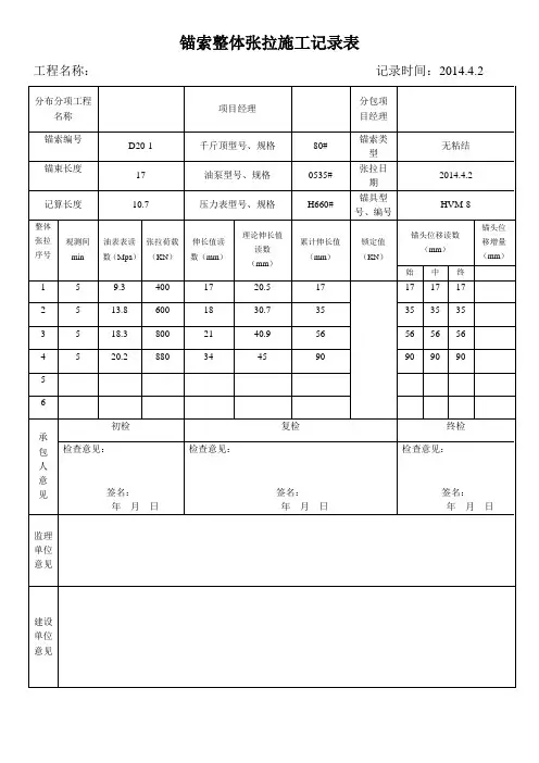 锚索整体张拉施工记录表1