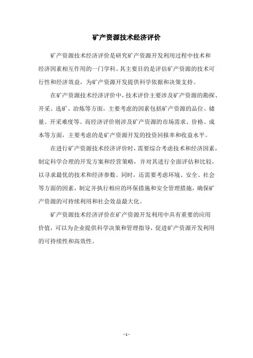 矿产资源技术经济评价