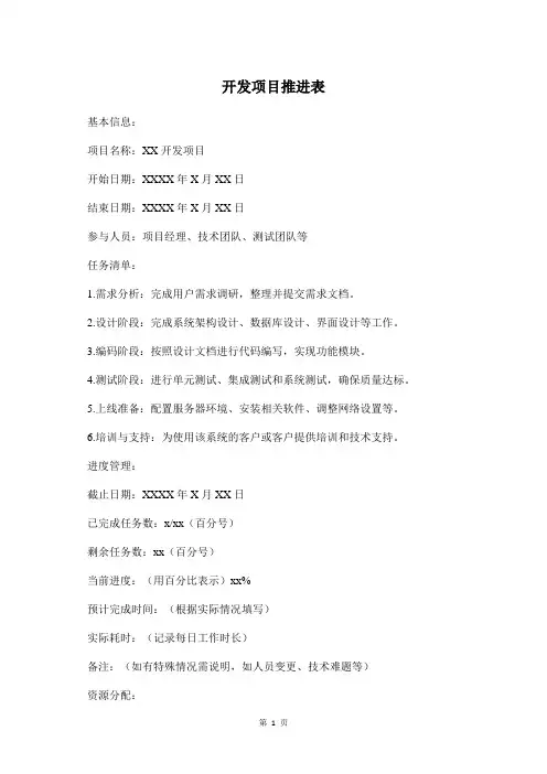 开发项目推进表