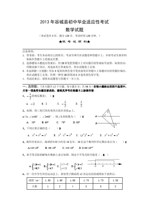 2013年历年湖北省襄阳市谷城县初三数学中考适应性考试试题及答案