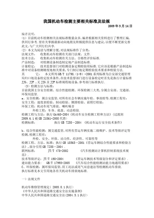 机动车检测主要相关标准及法规