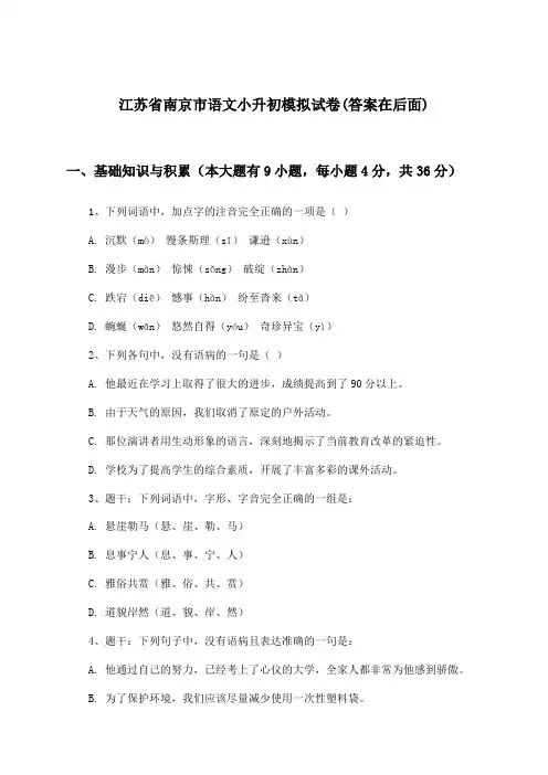 江苏省南京市语文小升初试卷及答案指导
