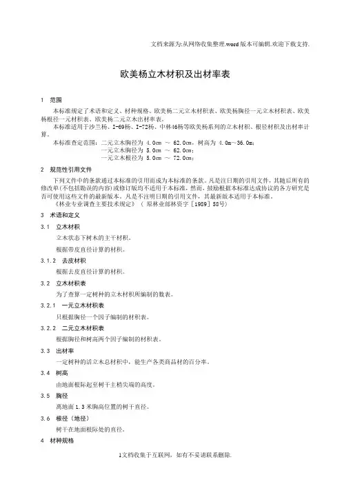 欧美杨立木材积及出材率表