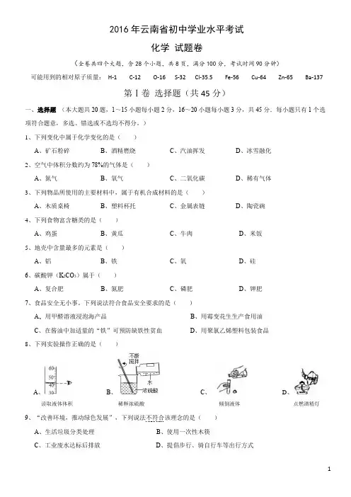 2016年云南省初中学业水平考试 化学卷(word精排版 含答案)