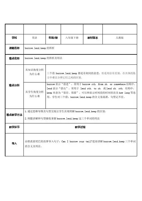 人教版英语八年级下册 Unit 3 borrow,lend,keep的辨析