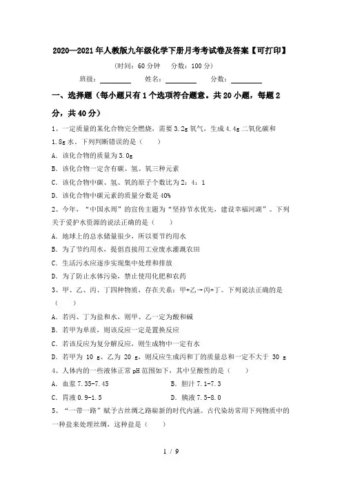 2020—2021年人教版九年级化学下册月考考试卷及答案【可打印】