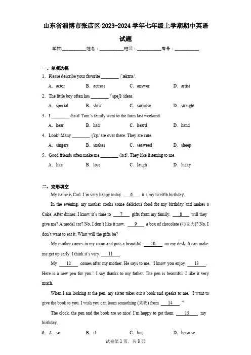 山东省淄博市张店区2023-2024学年七年级上学期期中英语试题(含解析)