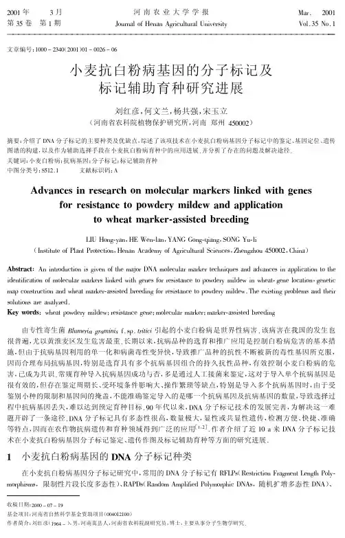 小麦抗白粉病基因的分子标记及标记辅助育种研究进展