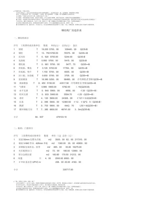 钢结构厂房造价表
