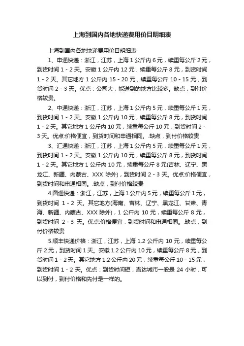 上海到国内各地快递费用价目明细表