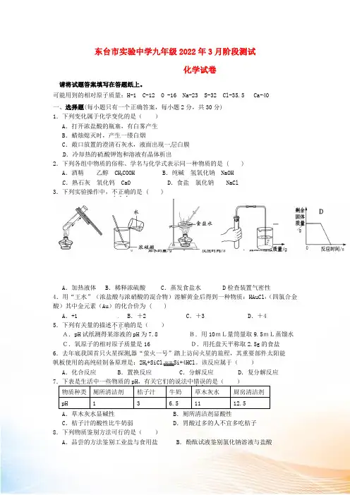 江苏省盐城市东台市2022年九年级化学3月阶段测试试题