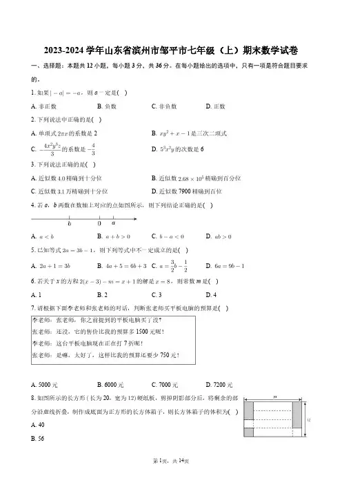 2023-2024学年山东省滨州市邹平市七年级(上)期末数学试卷+答案解析