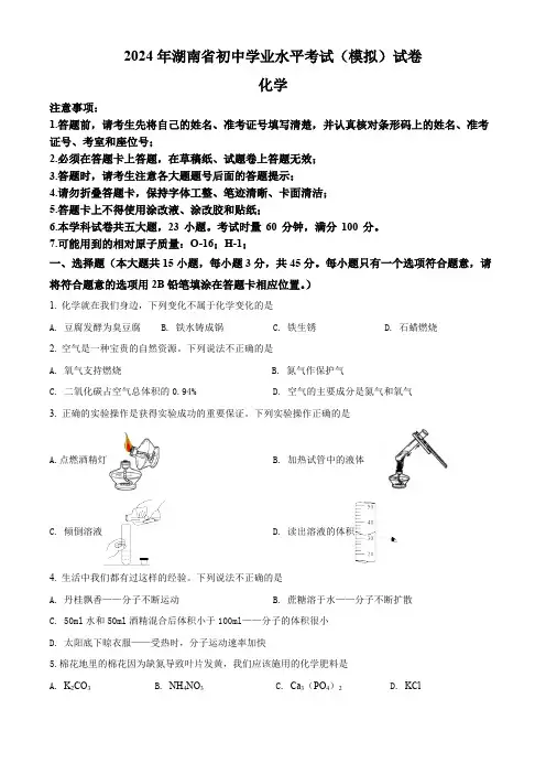 2024年湖南省初中学业水平考试(模拟)化学试卷(含答案)