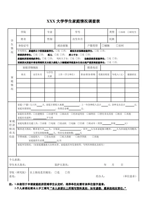 大学学生家庭情况调查表