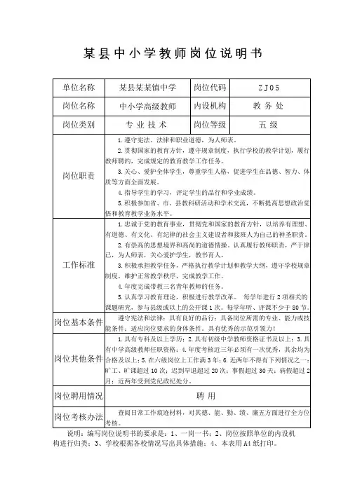 某县某镇中学中小学教师5级至十三级岗位说明书
