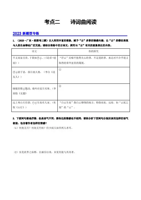 考点二诗词曲阅读(模拟精练)-2024年中考语文一轮复习(原卷版)