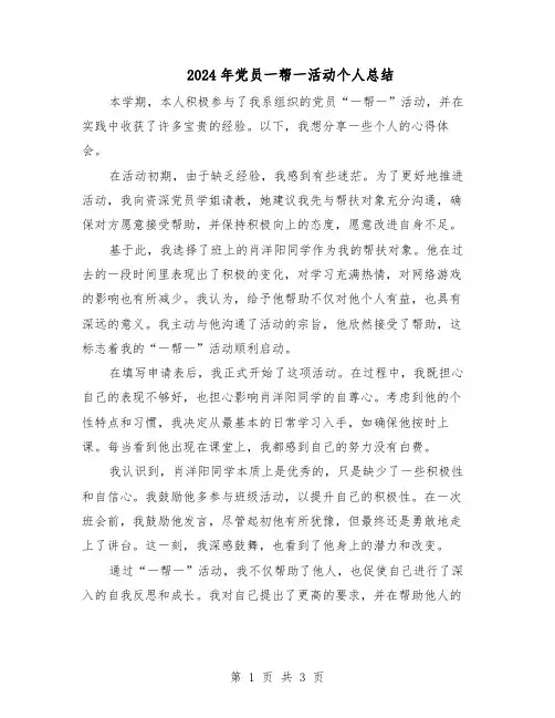 2024年党员一帮一活动个人总结（二篇）