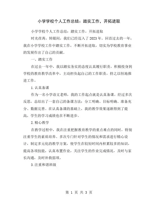 小学学校个人工作总结：踏实工作,开拓进取