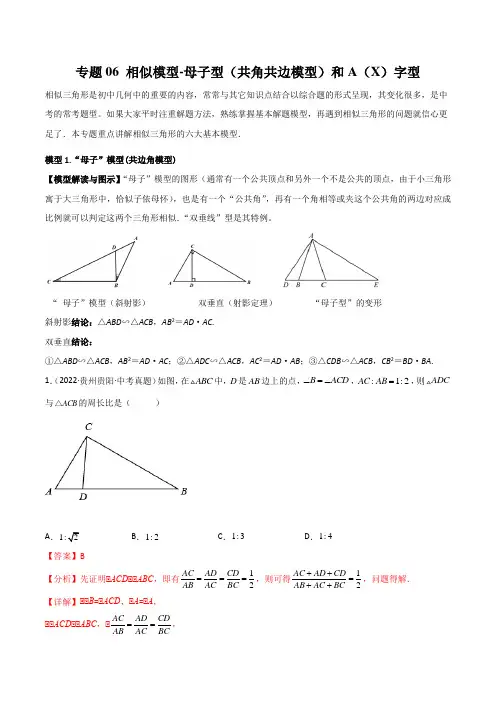 2023年中考数学常见几何模型全归纳之模  相似模型-母子型(共角共边模型)和A(X)字型(解析版)