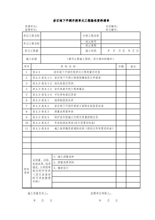 岩石地下平洞开挖单元工程表格